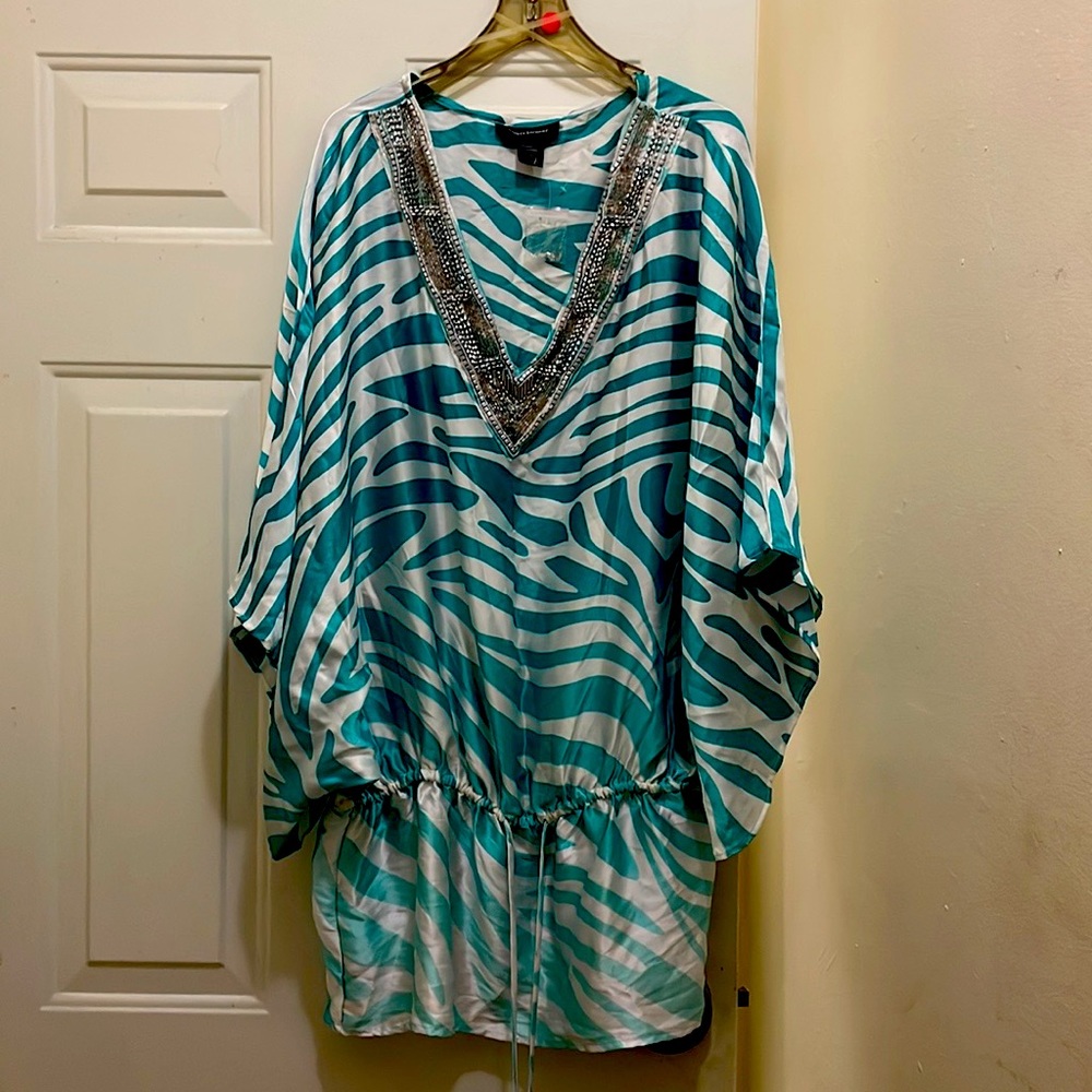 Ashley Stewart, NWOTgreen/white100%polyester blouse,silver embroidered neckline.